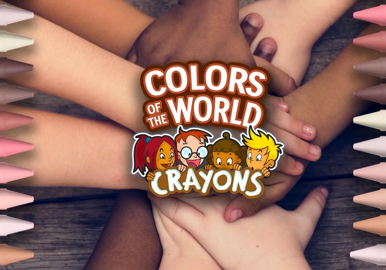 crayola colors of the world logo overlaid on top of hands