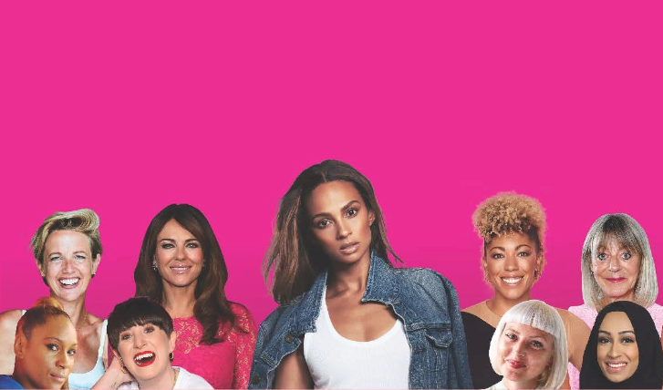 picture of 9 different woman against a hot pink background