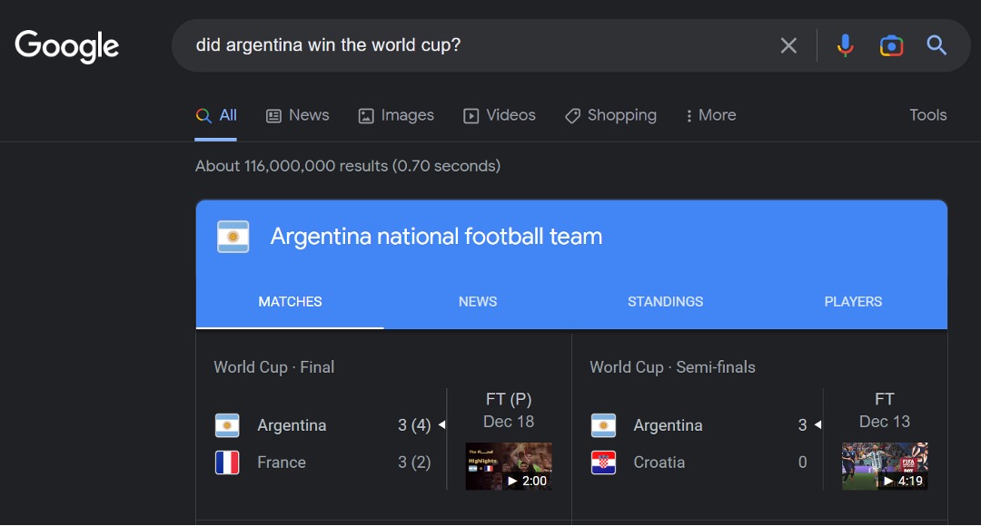 image of a google search for argentina winning the world cup