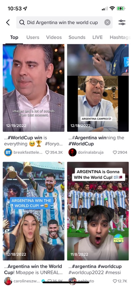 image of a tiktok search for argentina winning the world cup