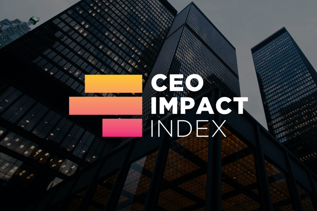 Black and white photo of skyscrapers with CEO Impact Index overlayed the top