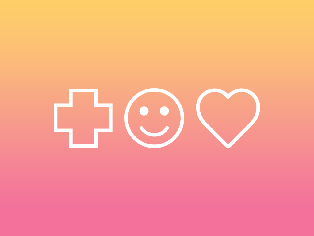 Three white icons on a gradient background from yellow to pink. From left to right: a medical cross or plus sign, a simple smiley face, and a heart shape. These icons symbolize health, happiness, and love.