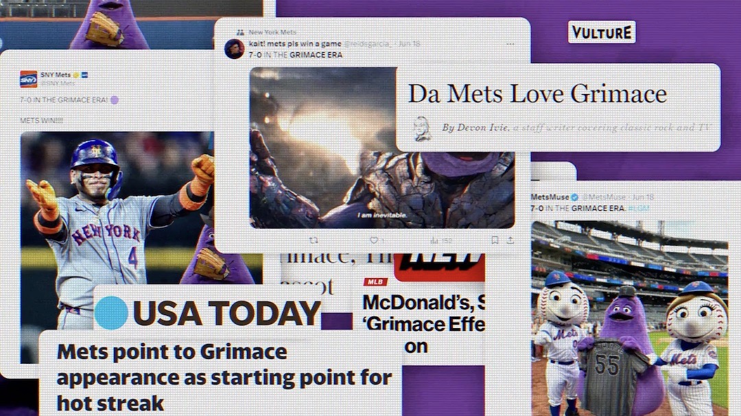 screenshots of different media outlets talking about Grimace at the Mets game